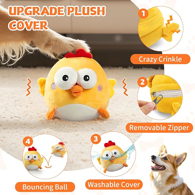 Interactive Dog Toy Ball, Upgrade Automatic 1.5H Jumping Ball with Motion Activation for Small Large Dogs, 2 in 1 Rechargeable Move Plush Toy Pets Keep Busy, No Music (Yellow Chicken)