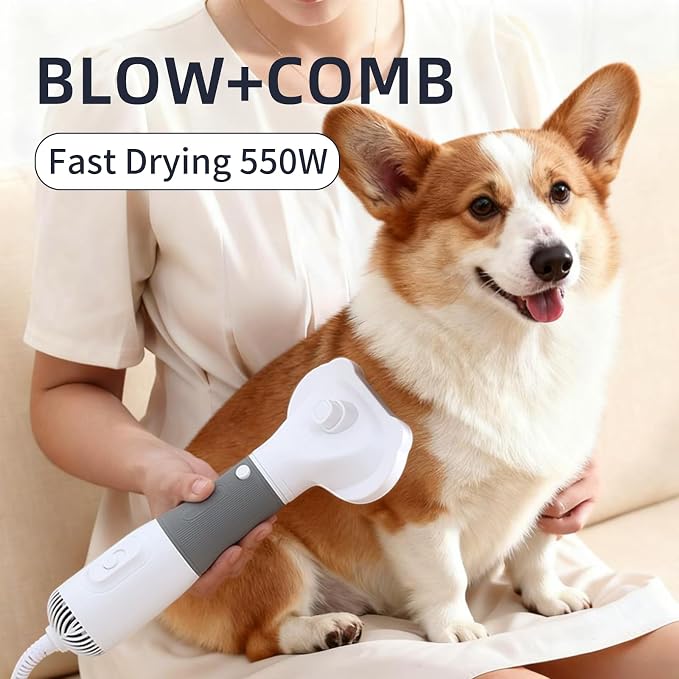 Dog Grooming Dryer with Slicker Brush, 3 in 1 Professional Portable Pet Dryer for Dogs Cats Adjustable Temperature Speed Settings, Pet Blow Brush for Home Travel Use (Gray)