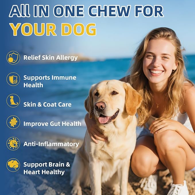 Dog Allergy Relief Chews, Helps Relieve Itchy Skin, Paw Licking & Ear Irritation, Dog Allergy Supplement with Probiotics for Skin & Immune Support, Colostrum & Fish Oil/Beef Flavor(Tan)