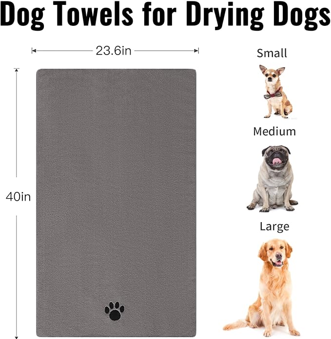 Puomue Microfiber Dog Towels for Drying Dogs, Super Absorbent and Soft Pet Grooming Towel, 40 Inch X 23.6 Inch, Perfect Dog Shower & Bath Supplies for Large, Medium or Small Dogs, Grey