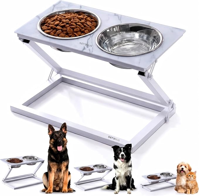 Elevated Dog Bowls, Height-Adjustable Stand with 2 Stainless Steel Food Bowls and a 20° Tilted Water Bowl—Suitable for Small, Medium, and Large Dogs(Faux Marble (White), Large)