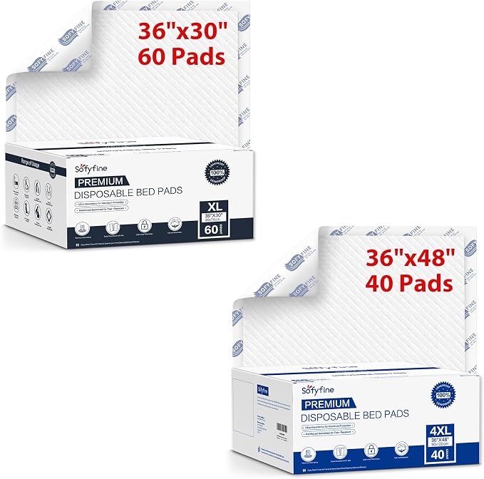 SOFYFINE Bundle Total 100 Pads,Tear Resistant Disposable Bed Pads 30"x 36"(60 Count),Extra Large Disposable Bed Pads 36"x 48"(40 Count),10X Super Absorbency Heavy Duty Puppy Training Pads