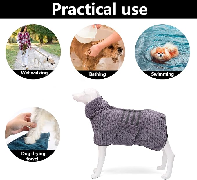 Geyecete Pineapple Grid Fast Drying Super Absorbent Dog Cat Bath Robe Towel - Gray-L