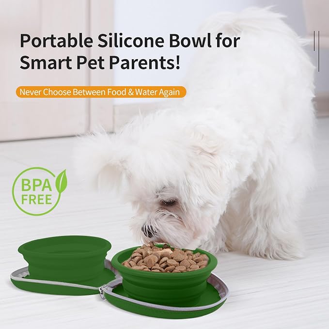 Collapsible Dog Bowls, 2-in-1 Double Bowl, 25oz, Green