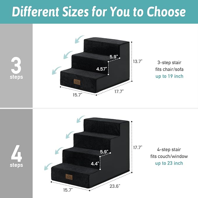 COZY KISS Dog Stairs for Small Dogs, 4 Step Pet Stairs for Beds & Couches | 17.7" H Non-Slip Dog Steps for Bed, Wider for Puppies, Senior Cats, and Small to Medium Dogs, 15.7x23.6x17.7 in, Black