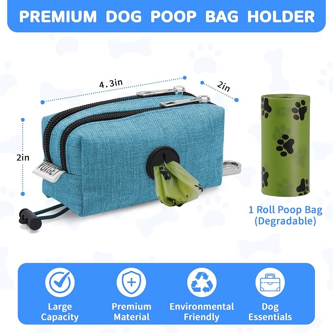 Dog Poop Bag Holder for Leashes, Puppy Treat Pouch Carrier with 2 Zipper Pockets and Clip for Pets Doggy Training, Dog Waste Bag Dispenser with 1 Roll Poop Bags for Walking Accessories (Green)