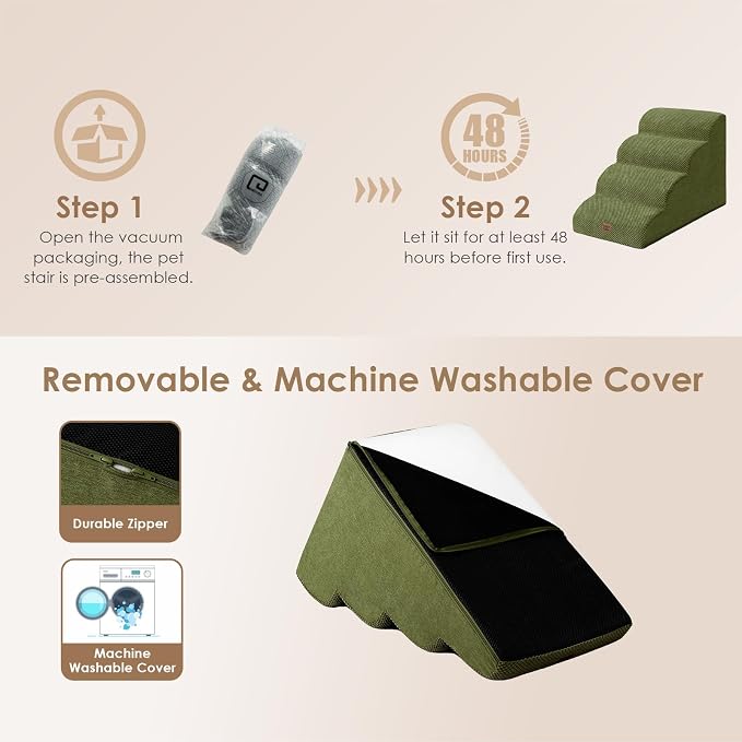 EHEYCIGA Curved Dog Stairs Ramp for High Beds 19.7" H, 4-Step Dog Steps for Small Dogs and Cats, Pet Stairs for High Bed Climbing, Non-Slip Balanced Pet Step Indoor, Olive Green