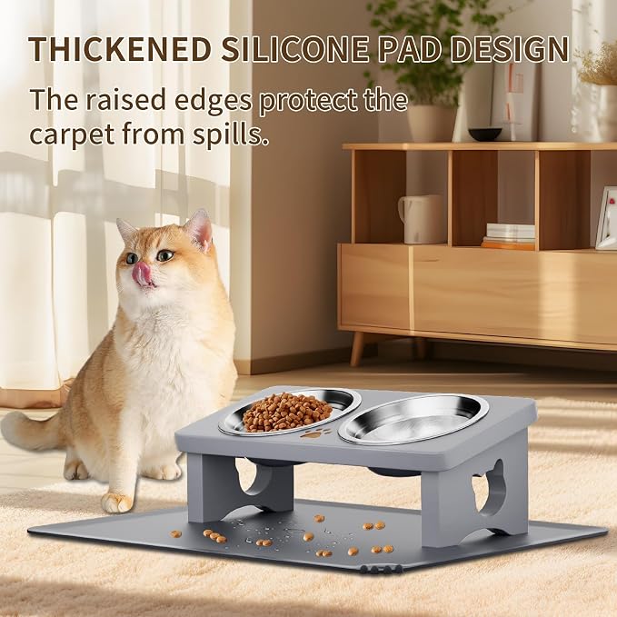 Elevated Cat Bowls, 15° Tilted Raised Cat Food Bowl with Solid Wood Stand & Stainless Steel Dishes, Cat Feeding Station with Silicone Mat, Helps Reduce Vomiting for Cats & Small Dogs(Slate Grey)