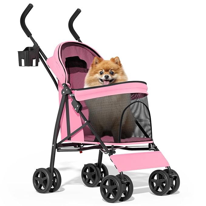 MoNiBloom 4-Wheel Foldable Pet Stroller - Pink, up to 22lbs