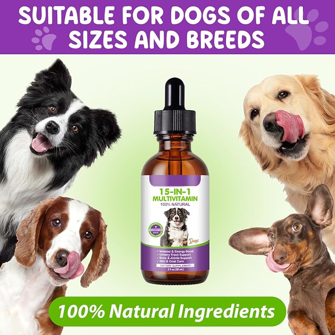 Dog Multivitamin Drops, 15 in 1 Multivitamin Liquid for Dog with Vitamin C, Vitamin D & B1, Dog Health Supplements for Skin Care, Joints & Hips
