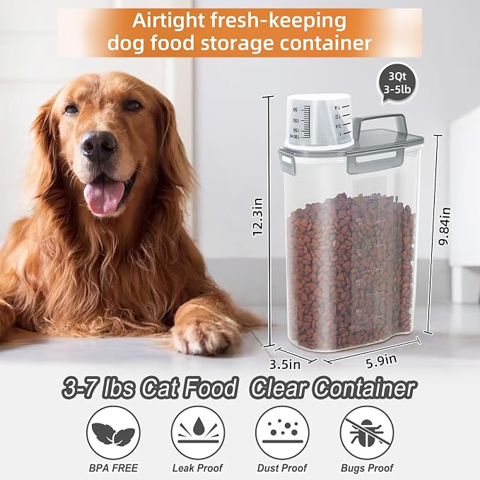 LEAWALK 3-5Lbs/3Qt Dog Cat Food Storage Container With Foldable Bowl., Plastic Pet Food Dispenser for Small Animal Kibble/Pet Food/Bird Seed/Oatmeal/Rice/Flour/Brown Sugart/Cereals (Clear Grey)