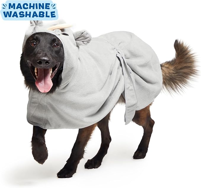BARKBOX Dog Bathrobe - for Dogs - Large | Fast Drying, Microfiber Bath Towel - Hook & Loop Closure and Wrap Tie - Machine Washable - Rhino