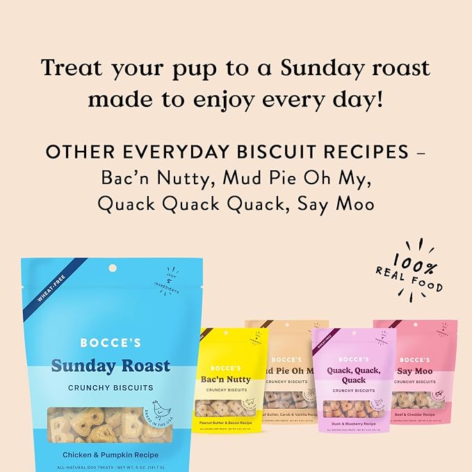 Bocce's Bakery Oven Baked Sunday Roast Treats for Dogs, Everyday Wheat-Free Dog Treats, Made with Real Ingredients, Baked in The USA, All-Natural Chicken & Pumpkin Biscuits, 5 oz (Pack of 2)