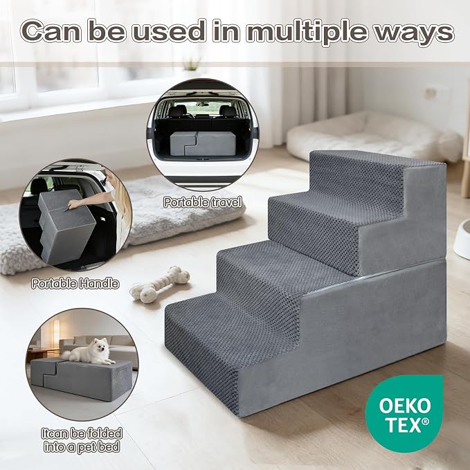 4-Step Dog Steps 18’’ for Bed cat & Dog ramp for Stairs & Step high Bed Non-Slip Out- & Indoor