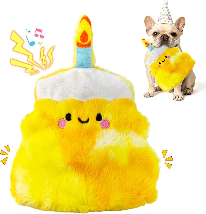 Fuufome Plush Cake Dog Toy | No Stuffing, Squeaky & Crinkle Interactive Puppy Chew Toy for Small Medium Dogs, Birthday Gift