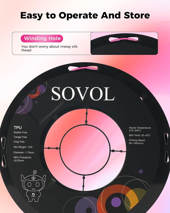Sovol TPU Filament 1.75mm, 95A Soft TPU Flexible 3D Printer Filament with High Elasticity, 1kg (2.2lbs), Dimensional Accuracy +/- 0.03 mm, Fit Most FDM Printer, Clear Rose Red