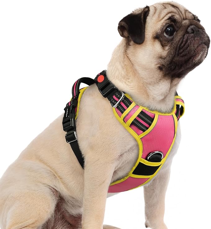 rabbitgoo Dog Harness Small Sized, No Pull 3 Buckles Easy On & Off | Soft Padded, Walking with Control Handle, Adjustable and Reflective, Pink & Yellow, Small