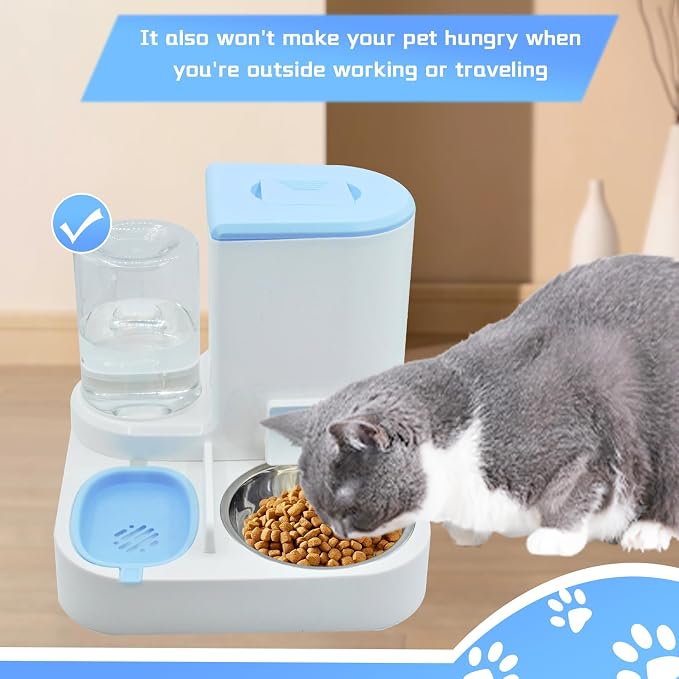 Automatic Cat Food and Water Dispenser Set 2 in 1, 2 in, Stainless Steel, Blue