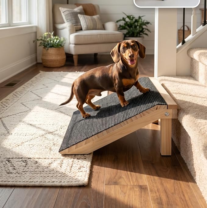 Wooden Dog Ramp for Stairs, 4.3"/5.5" Height Adjustable Pet Ramp with Non-Slip Carpet Surface, Small Dog Step Ramp for Indoor Stairs, Entryway & Porch, Supports Senior Dogs & Cats (1-Pack)