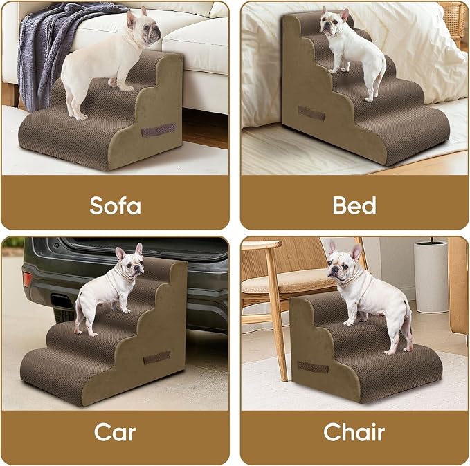 PAWSCRAT Pet Stairs for Dogs 3-Step, 15.7" H Pet Stairs for High Bed, Couch Sofa & Chair, 30D Material Soft Foam Dog Steps with Non-Slip Bottom Surface Removable Washable Cover, Brown