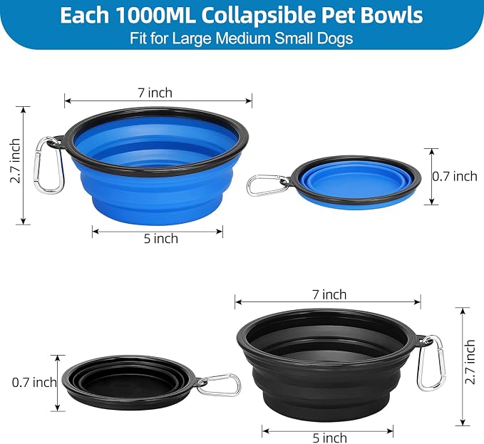 Kytely Large Collapsible Dog Bowls, 2 Pack, 34oz, Black+Blue