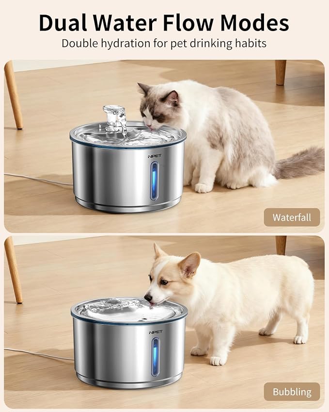 NPET Stainless Steel Cat Water Fountain, 1Gallon/135oz Automatic Pet Drinking Fountain Dog Water Dispenser with 3 Replacement Filters for Cats Indoor