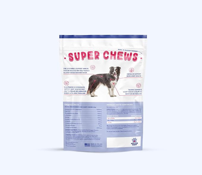 Super Chew, Advanced Hip and Joint Supplement for Senior Dogs, Full Body Support with Glucosamine, Chondroitin, DHA, Taurine, 120 Fish Flavored Soft Chews