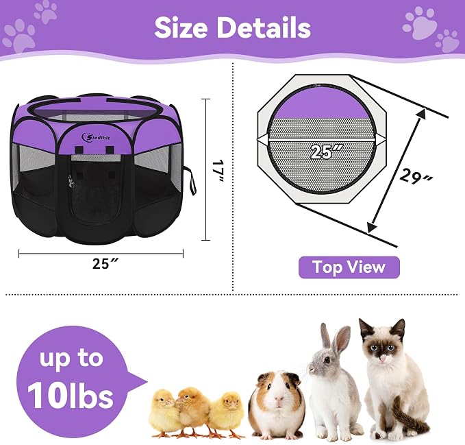 Siedihit Dog Cat Playpen, Puppy Pet Playpen, Small Dogs Tent Crates Cage Indoor/Outdoor, Portable Pop Up Dog Kennel Playpen with Carrying Case for Dogs/Cats/Rabbits,Purple