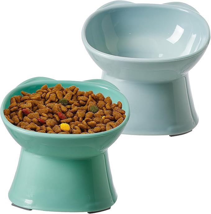 KSIA Klear Elevated Cat Bowls 2 Pack, Tilted Raised Cat Bowls for Indoor Cats, for Food and Water, 4.72" Wide, Whisker Friendly Anti Vomit for Indoor Cats, Microwave and Dishwasher Safe, Blue&Green