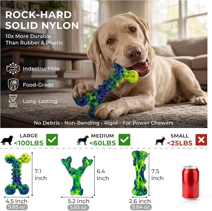 Kseroo Dog Chew Toys, 3-Pack, Peanut Butter, Medium & Large Dogs, Green | Indestructible, Heavy Duty, Rock-Hard Solid Nylon Bones for Medium/Large Dogs 25-100lbs, Tough, Long-Lasting, Keep Them Busy