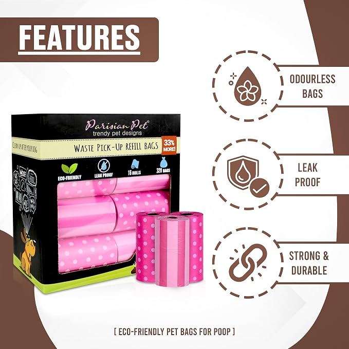 Parisian Pet Ecofriendly Dog Poop Bags Rolls - 320 Count Unscented Poop Bags For Dogs - Leakproof, Extra Thick, 16 Dog Waste Bags Refill Rolls - Stripes Dots Pink Doggie Poop Bags