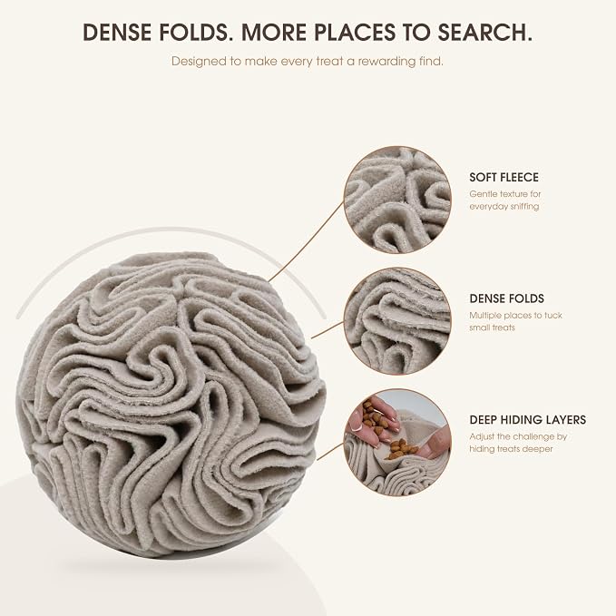 Light Brown Snuffle Ball for Dogs, Slow Feeder Mental Enrichment Toy for Small, Medium Dogs, Discreet Color Interactive Puzzle Game for Anxiety Relief & Indoor Fun, Machine Washable