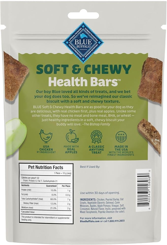 Blue Buffalo Soft & Chewy Health Bars, Baked with Real Chicken & Apples, Natural Dog Treats Mineral Enhanced for Flavor, 9 oz. Bag