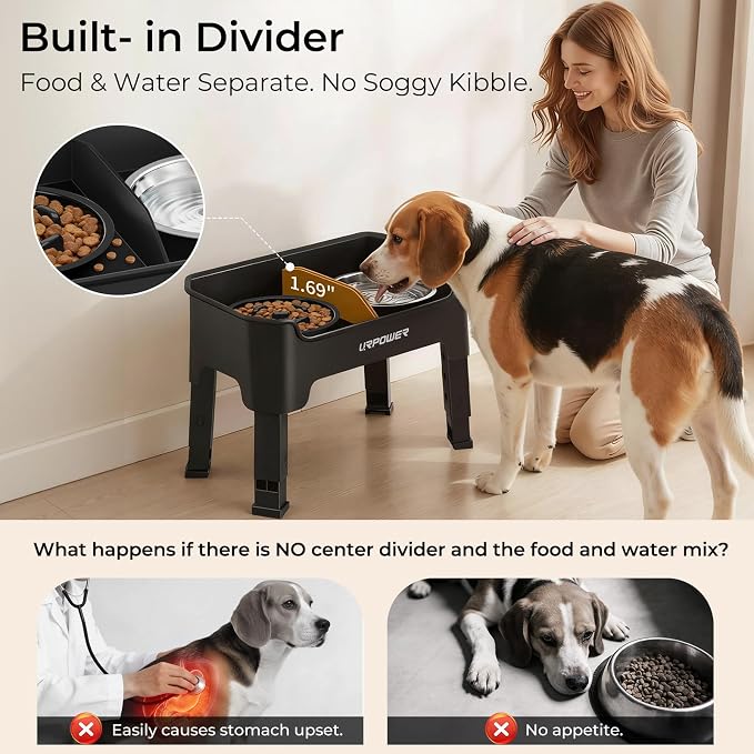 URPOWER Mess Proof Elevated Dog Bowls, High Wall Splash Guard Design, 4 Height Adjustable Raised Bowl Stand with Stainless Steel Bowl & Slow Feeder Bowl, Non-Slip Food Water Set for Small, Medium Dogs