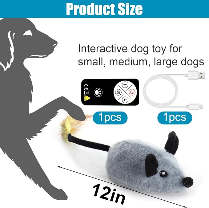 Interactive Dog Toys, Fake Mouse Moving Dog Toy with Automatic Sensor | Dog Mouse Toy with Realistic Sound & Extended Tail, Automatic Dog Toy for Cats Dogs Pet, Squeaky Dog Toys Remote Control Gray