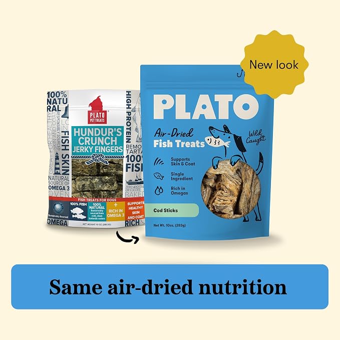 Plato Single Ingredient Wild-Caught Cod Skin Sticks Dog Treats, Air-Dried Omega-Rich Skin & Coat Support, 10 oz
