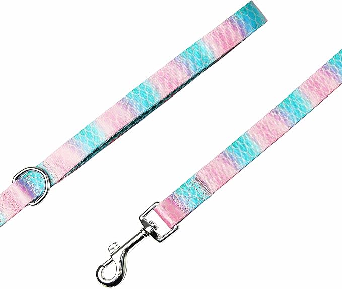 Blueberry Pet Summer Sparkle Dog Leash, Large Size, 4 ft x 1", Pink and Blue, Ocean Mermaid Scales Print Nautical Pet Leash