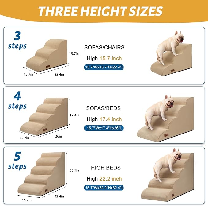 Aodisman 5-Step Dog Stairs and Ramp for High Bed, Non-Slip Sturdy Pet Steps for Small Dogs and Cats,22.2" H,Khaki