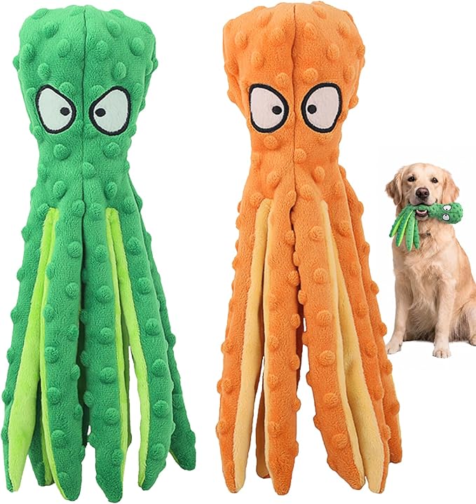 HGB Squeaky Dog Toys - Octopus No Stuffing Crinkle Plush Large Dog Toys to Keep Them Busy for Puppy Teething Chewing, Pet Supplies for Small, Medium, and Large Breeds, 2 Pack