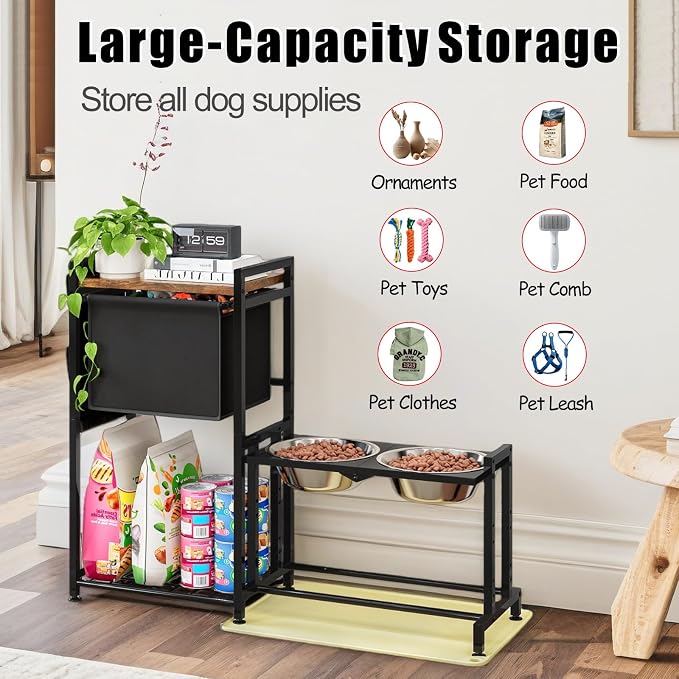 Elevated Dog Bowl Stand with Toy Basket Adjustable Metal Feeding Station Cabinet with Non-Slip Silicone Mat Pet Storage Organizer for Large Medium Small Dogs and Cats Black Include 2 Dog Bowl