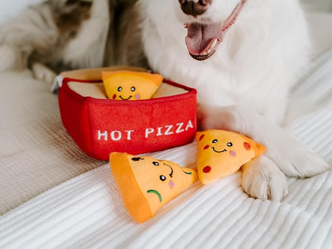 ZippyPaws Burrow Interactive Dog & Puppy Toys for Boredom - Pizza Box | Stimulating Pet Products to Keep them Busy, Hide & Seek Plush Dog Puzzle, Enrichment Squeaky Toy, For Small & Medium Dogs