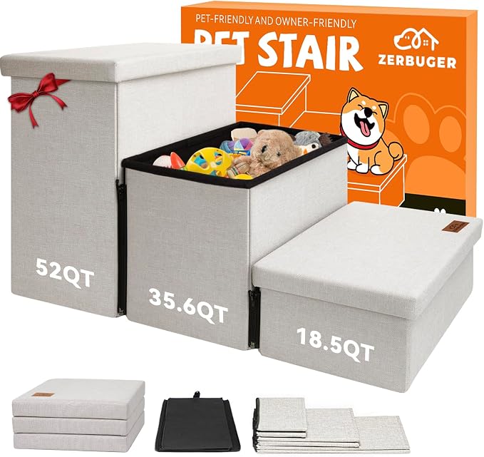 Zerbuger Dog Stairs with Storage 18" H, 3-Step Wider Dog Steps for Small/Medium/Large Old Dogs Cats, Folding Sturdy Pet Stairs Climbing Bed or Couch, Ramp for Car Up to 200 lbs (Beige, No Condo)