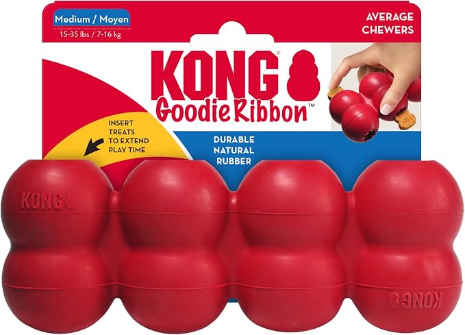 KONG Goodie Ribbon, Stuffable Natural Rubber Dog Toy, for Medium Dogs | Stuffable Bone-Shaped Rubber Toy with Four Fillable Goodie Grippers for Fun, Treat-Based Enrichment Play