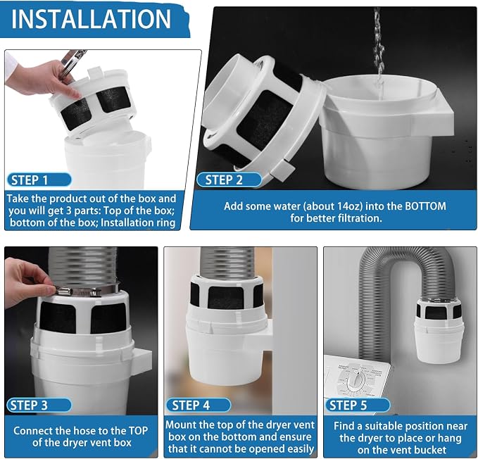 【Upgraded】 NOORNY 3 in 1 Indoor Dryer Vent Kit Lint Trap Bucket Dryer Vent for Apartment - with Double Layer 4-Inch by 5-Feet Gray Proflex Duct, for Electric Clothes Dryers