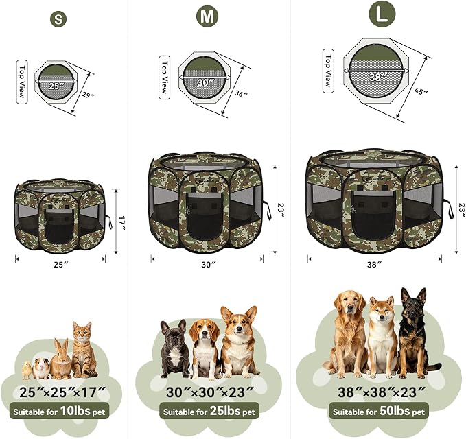 Siedihit Playpen for Small Dog Cat, Dogs Tent Crate Cage Indoor/Outdoor, Portable Pop Up Dog Kennel with Carrying Bag for Rabbits, Removable Top (Green Camo, Small)