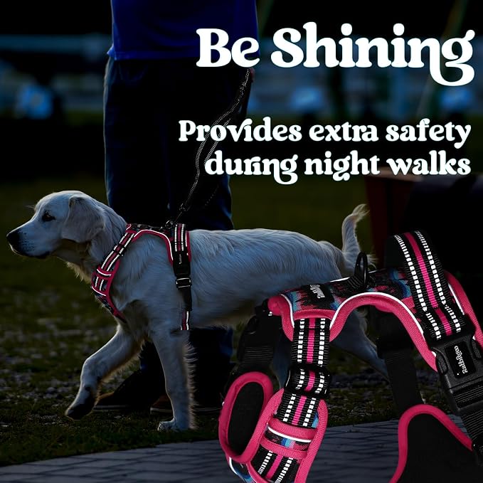 rabbitgoo Dog Harness for Large, Updated Easy On & Off with 3 Buckles | No Pull No Choke, Walking with 2 Clips and Handle, Adjustable Soft Reflective, Mountain Rose, X-large