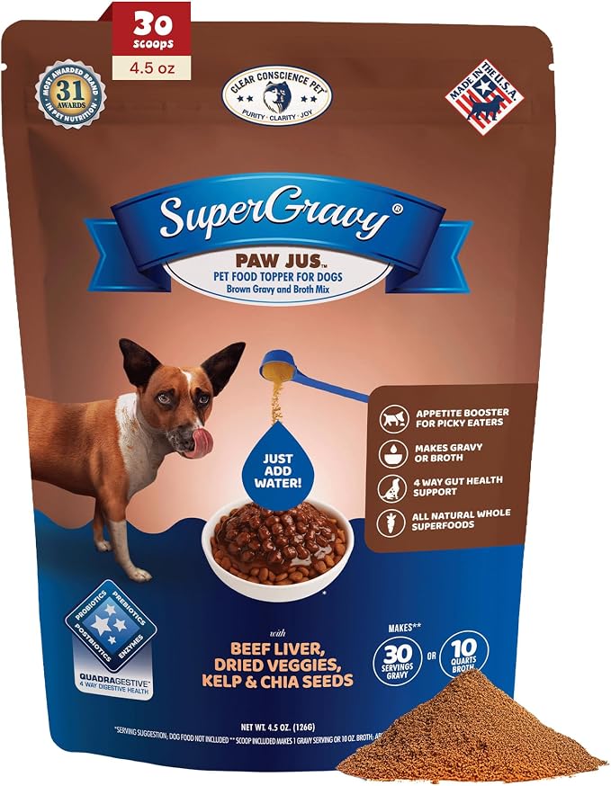 CLEAR CONSCIENCE PET® Paw Jus™ SuperGravy® Natural Dog Food Gravy Topper, Hydration Broth Mix, Gluten and Grain Free Kibble Seasoning Powder Topper for Picky Eaters (4.5 oz. (30 Scoop))