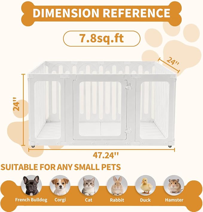 Mobile Acrylic Dog Playpen Indoor with Bottom Panels & Wheels, Puppy Play Pen with DIY Easy Assemble, Moveable Pet Fence for Puppies (24''Tall, 8 Panels + 4 Bottom Panels + 8 Wheels)