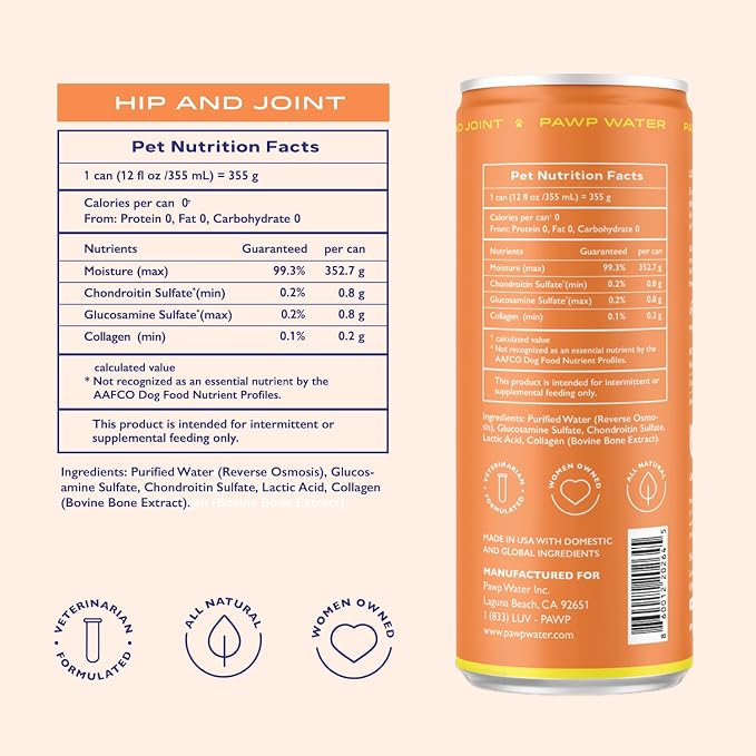Hip & Joint Hydration for Dogs by PAWP WATER | Glucosamine, Chondroitin & Collagen | Supports Joint Health & Mobility | 6 Resealable 12 oz Cans