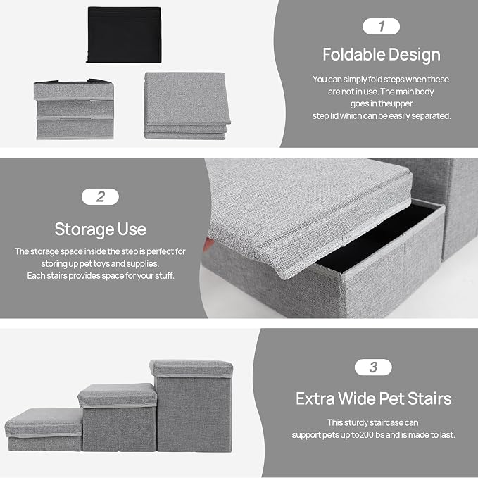 Foldable Dog Stairs/Steps 2-Tier Pet Steps Storage and Adjustable Steps for Small Medium Dogs Pet Steps Storage Stepper for High Beds Sofa Pet Dog Cat (3 Step-Light Grey)
